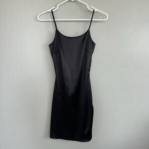 Black Satin Spaghetti Strap Mini Dress Womans Size S POPULAR 21 Tight Sexy LBD